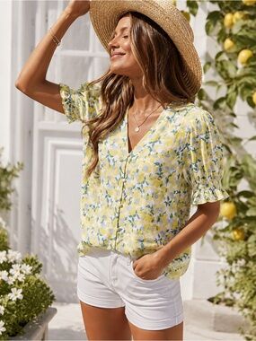 🌼LOFT Yellow Floral Print Button Front Smocked Sleeve Blouse - Size Small